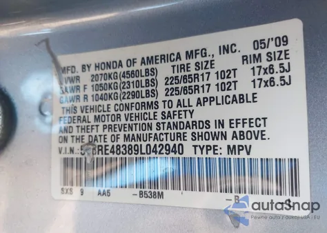 2009 Honda Cr-V Lx from USA, damaged, VIN 5J6RE48389L042940